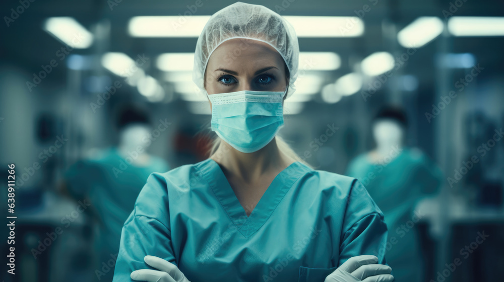 Female surgeon in mask standing in operating room with crossing hands, ready to work on patient Female surgeon in mask standing in operating room with crossing hands, ready to work on patient