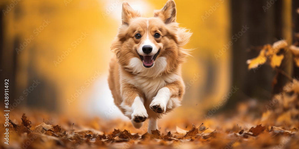 Happy dog running, walking in the leaves, autumn fall banner Happy dog running, walking in the leaves, autumn fall banner