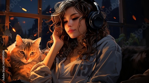 Lo-fi music beautiful girl listening music and sleeping wallpaper generative ai