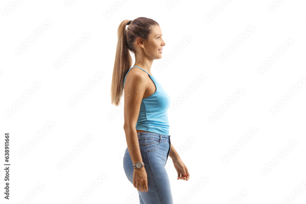 Profile shot of a young female with a long ponytail Profile shot of a young female with a long ponytail
