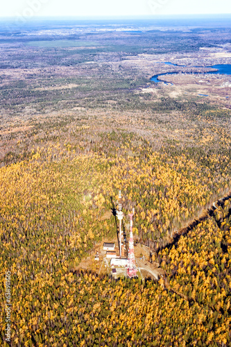 Panorama from height to autumn forest and trees. Flying over the forest on bright sunny autumn day. Flight over the mountains