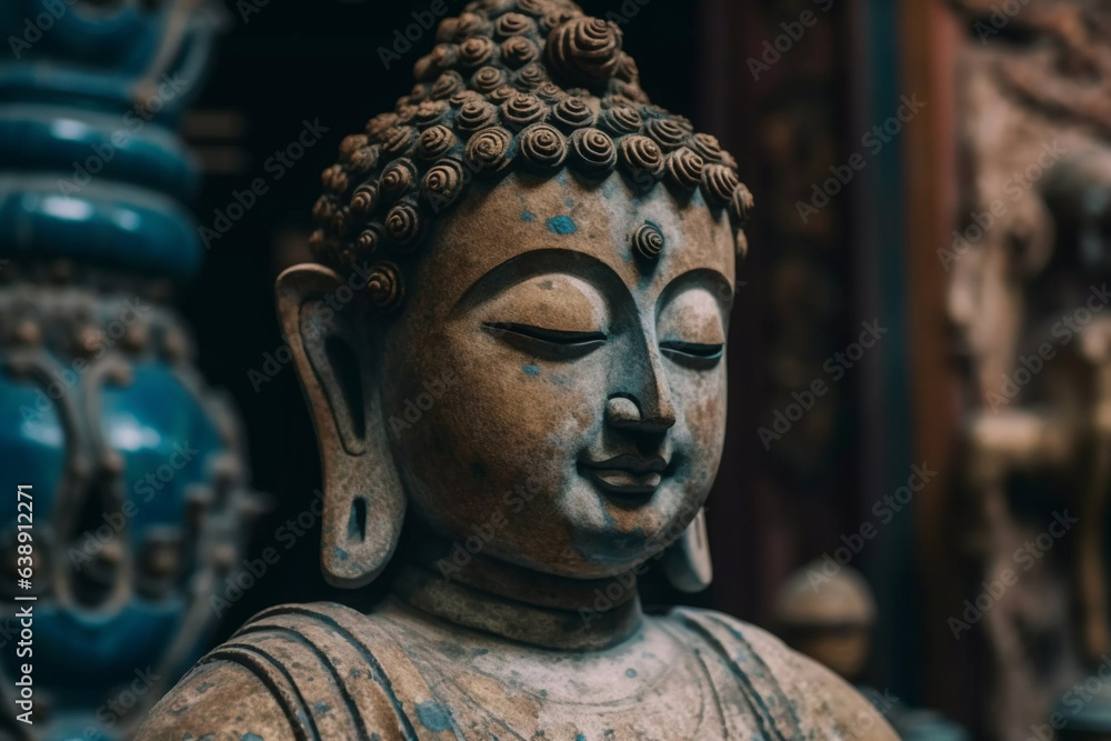 Old ancient statue of Buddha and a small meditation. Bronze face of bronze Buddha, dark background, zen spiritual ritual meditating. Spiritual awakening. Religion concept, esoterics. Generative AI.