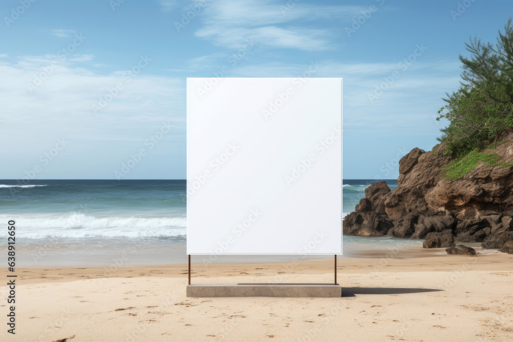 The billboard stands on the ocean shore on the sand The billboard stands on the ocean shore on the sand
