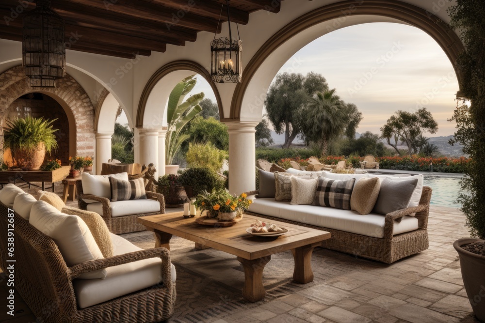 Obraz premium Open patio in Mediterranean style with comfortable armchairs