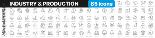 Industry and production line icons collection. Factory, plant, manufacture, tools icons. UI icon set. Thin outline icons pack. Vector illustration EPS10