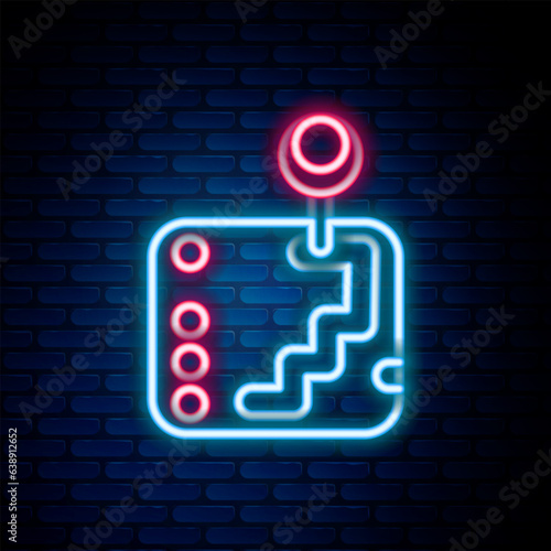 Glowing neon line Gear shifter icon isolated on brick wall background. Transmission icon. Colorful outline concept. Vector