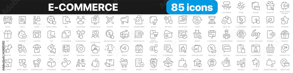 E-commerce line icons collection. Shopping, store, purchase, marketing, delivery icons. UI icon set. Thin outline icons pack. Vector illustration EPS10 E-commerce line icons collection. Shopping, store, purchase, marketing, delivery icons. UI icon set. Thin outline icons pack. Vector illustration EPS10