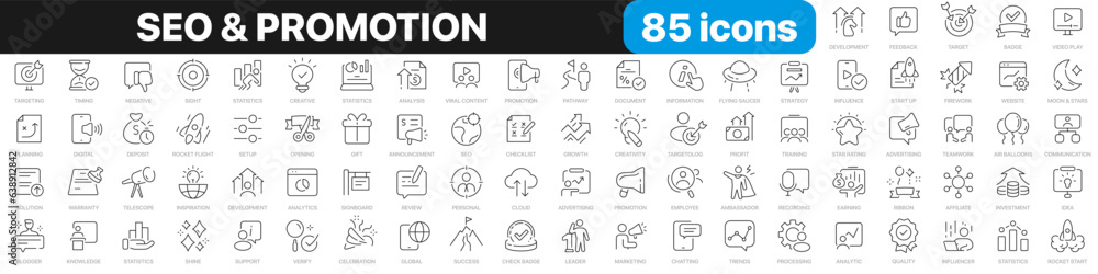 SEO and promotion line icons collection. Advertising, feedback, marketing, social media icons. UI icon set. Thin outline icons pack. Vector illustration EPS10 SEO and promotion line icons collection. Advertising, feedback, marketing, social media icons. UI icon set. Thin outline icons pack. Vector illustration EPS10
