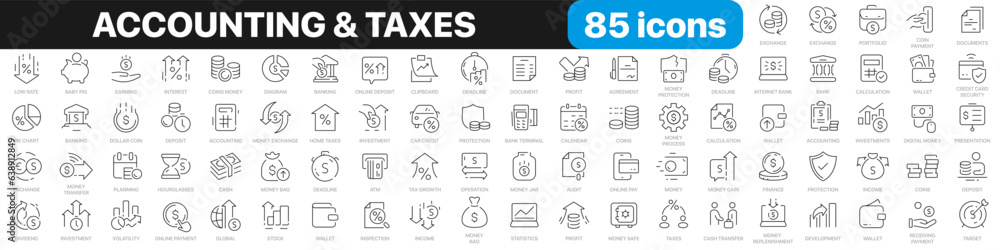 Accounting and taxes line icons collection. Finance, credit, money, profit, legal icons. UI icon set. Thin outline icons pack. Vector illustration EPS10