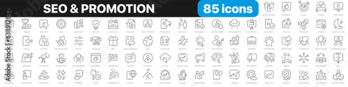 SEO and promotion line icons collection. Advertising, feedback, marketing, social media icons. UI icon set. Thin outline icons pack. Vector illustration EPS10