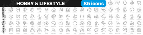 Hobby and lifestyle line icons collection. Religion, sport, game, fitness, music, cinema icons. UI icon set. Thin outline icons pack. Vector illustration EPS10