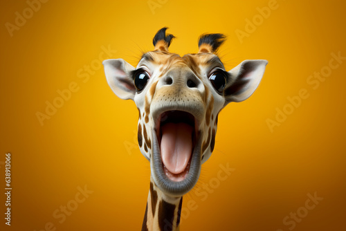 Website banner concept. Advertising postcards, notebooks. Portrait Banner for Website of surprised amazed giraffe pet with a curious face with open mouth at on yellow background. Generative AI © Valeriia