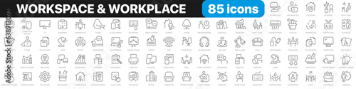 Workspace line icons collection. Office, coworking, tools, desktop, devices icons. UI icon set. Thin outline icons pack. Vector illustration EPS10