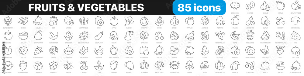 Fruits and vegetables line icons collection. UI icon set. Thin outline icons pack. Vector illustration EPS10