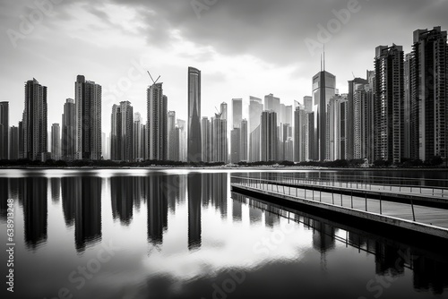 Landscape of a modern city with high-rise buildings along the coast  black and white photo
