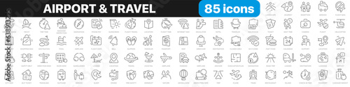 Airport and travel line icons collection. Flight, vacation, ticket icons. UI icon set. Thin outline icons pack. Vector illustration EPS10