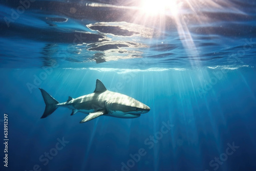 The shark is swimming in the water. Refraction of sunlight