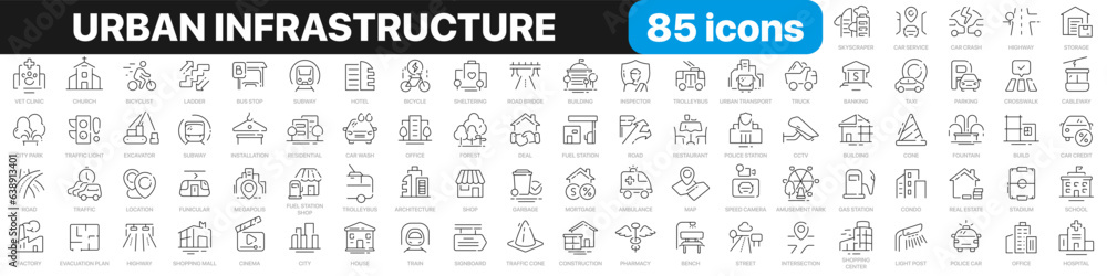 Urban infrastructure line icons collection. City, buildings, transport, road icons. UI icon set. Thin outline icons pack. Vector illustration EPS10 Urban infrastructure line icons collection. City, buildings, transport, road icons. UI icon set. Thin outline icons pack. Vector illustration EPS10