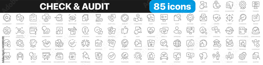 Check and audit line icons collection. Evaluation, quality, statistics, calculation, tick icons. UI icon set. Thin outline icons pack. Vector illustration EPS10 Check and audit line icons collection. Evaluation, quality, statistics, calculation, tick icons. UI icon set. Thin outline icons pack. Vector illustration EPS10