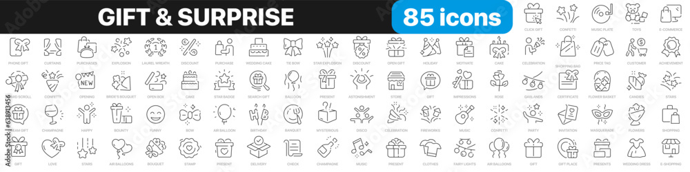 Gift and surprise line icons collection. Holiday, cake, present, stars, confetti icons. UI icon set. Thin outline icons pack. Vector illustration EPS10
