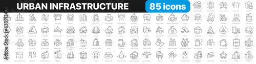 Urban infrastructure line icons collection. City, buildings, transport, road icons. UI icon set. Thin outline icons pack. Vector illustration EPS10