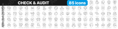 Check and audit line icons collection. Evaluation, quality, statistics, calculation, tick icons. UI icon set. Thin outline icons pack. Vector illustration EPS10