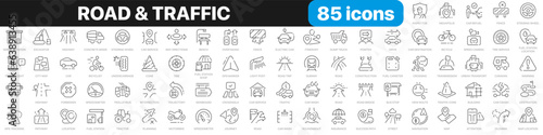 Road and traffic line icons collection. Street, transport, fuel, vehicle, location, car service icons. UI icon set. Thin outline icons pack. Vector illustration EPS10