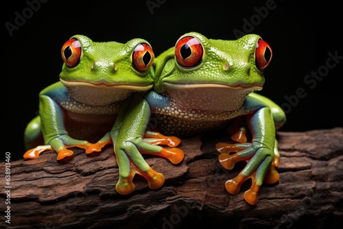 Tree frogs on a dark background