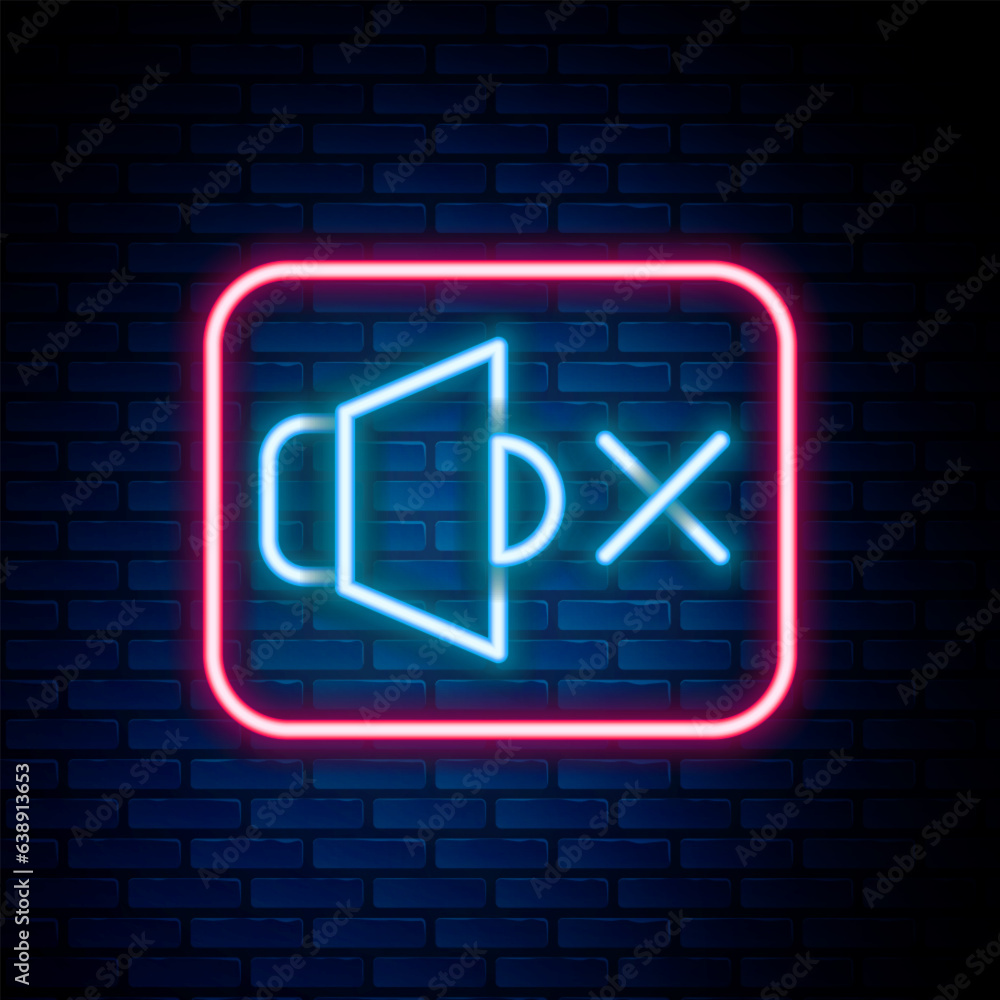 Glowing neon line Speaker mute icon isolated on brick wall background. No sound icon. Volume Off symbol. Colorful outline concept. Vector Glowing neon line Speaker mute icon isolated on brick wall background. No sound icon. Volume Off symbol. Colorful outline concept. Vector