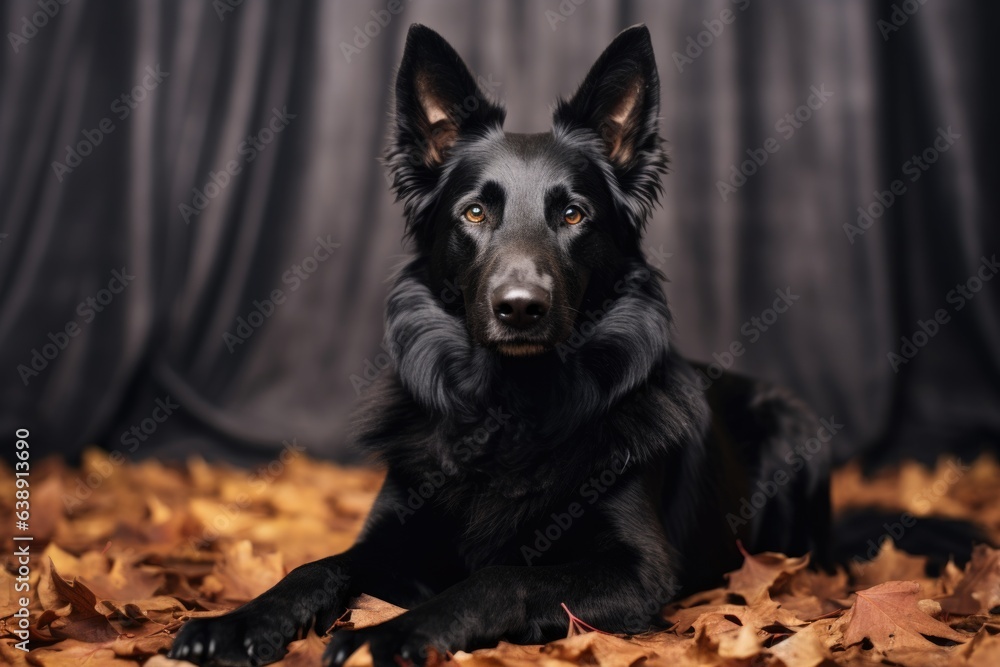 A black Belgian shepherd dog lies in the autumn forest A black Belgian shepherd dog lies in the autumn forest