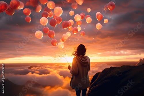 A Girl Amidst Red Balloons: Photorealistic Backlit Beauty, Fall Autumn Freedom Concept
