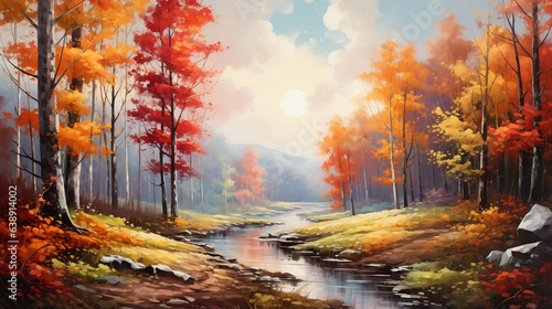 Enchanting Autumn Landscape, A Vivid Oil Painting of a Forest in its Majestic Fall Colors