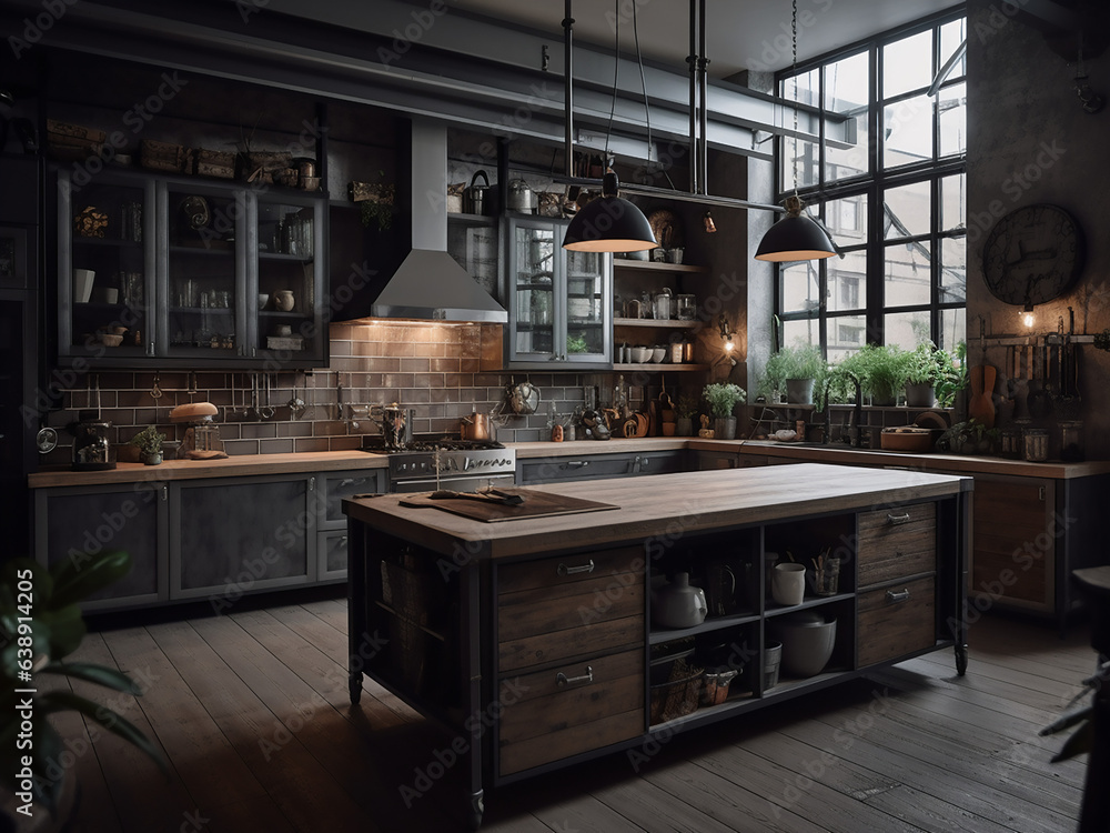 Loft kitchen exuding a laid-back vibe. AI Generate. Loft kitchen exuding a laid-back vibe. AI Generate.