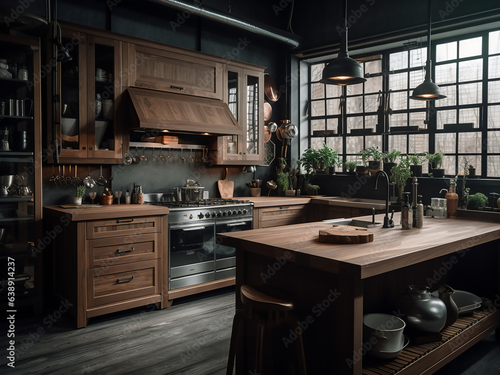 Rustic loft kitchen with industrial lighting. AI Generate.