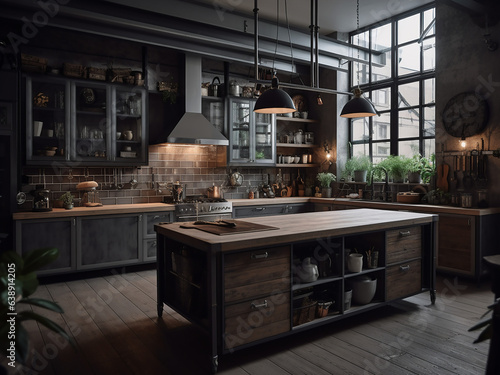 Loft kitchen exuding a laid-back vibe. AI Generate.