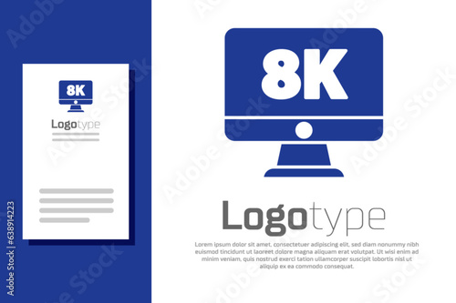 Blue Computer PC monitor display with 8k video technology icon isolated on white background. Logo design template element. Vector