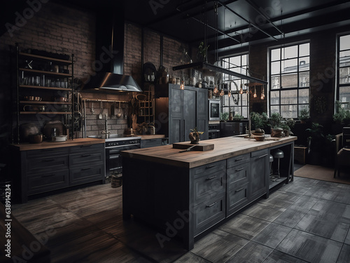 Timeless loft kitchen with exposed beams. AI Generate.