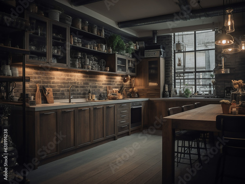 Industrial loft kitchen with a warehouse vibe. AI Generate.