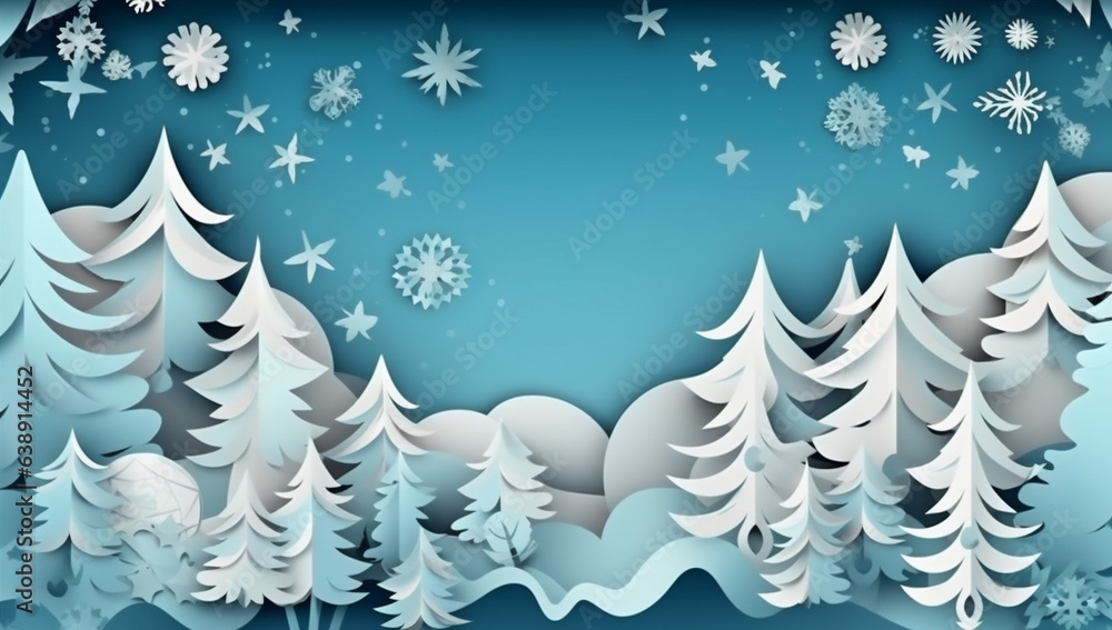snowflakes background art tree paper merry new christmas blue year origami winter. Generative AI.