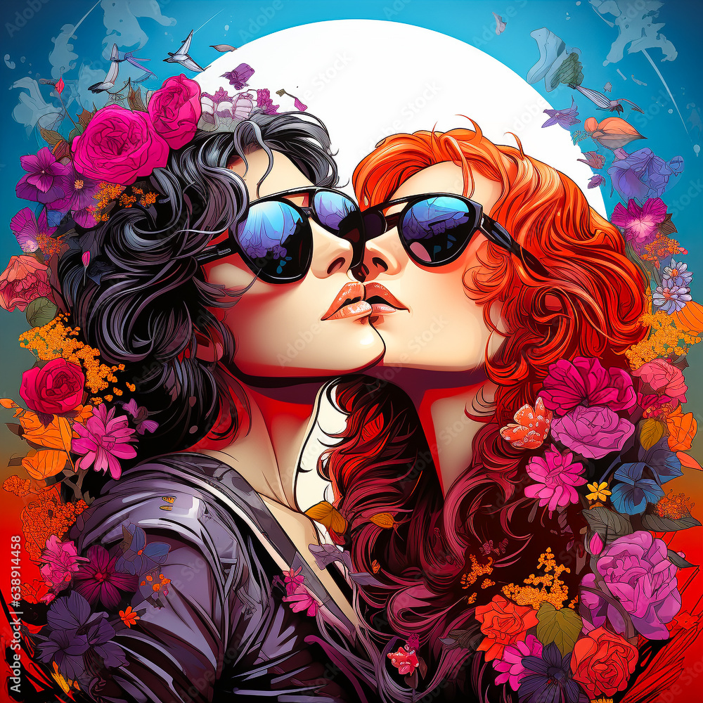 Obraz premium Nostalgic floral compositions from the 1970s with woman and man. AI generativ.