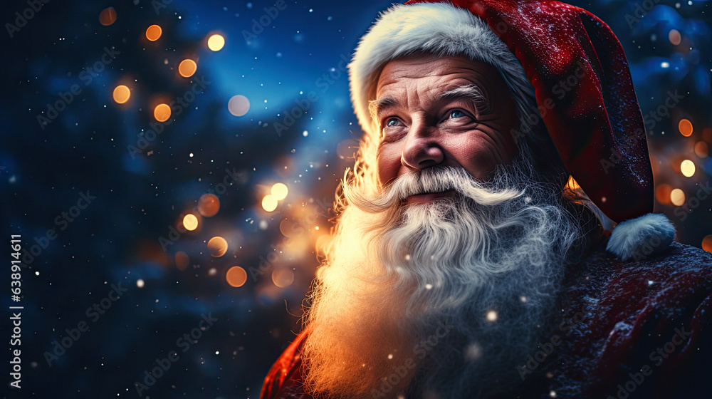 Santa claus ,near a christmas tree with lights in the background Santa claus ,near a christmas tree with lights in the background