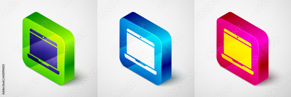 Isometric Laptop icon isolated on grey background. Computer notebook with empty screen sign. Square button. Vector Isometric Laptop icon isolated on grey background. Computer notebook with empty screen sign. Square button. Vector