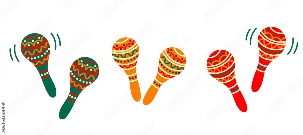 Hands holding colourful maracas, traditional Mexican and Latin musical instrument. Flat vector illustration