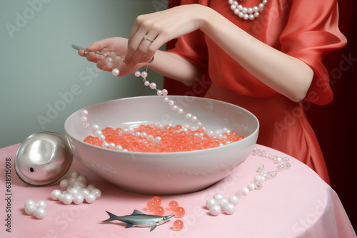 make-up woman vintage pearl fish art eating color fashion model retro. Generative AI. photo