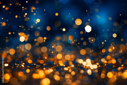 lights and blue background of christmas bauble bokeh effect  in the style of light orange and dark gold. AI generativ.
