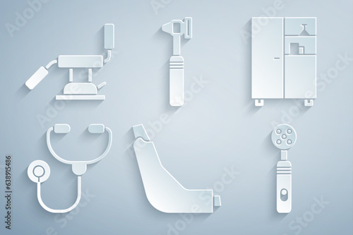 Set Inhaler, Medicine cabinet, Stethoscope, Electric toothbrush, Medical otoscope tool and dental chair icon. Vector