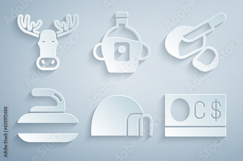 Set Igloo ice house, Peameal bacon, Stone for curling, Canadian dollar, Maple syrup and Moose head with horns icon. Vector