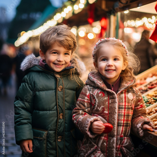 Children looking at sweets at the Christmas market. AI generative.