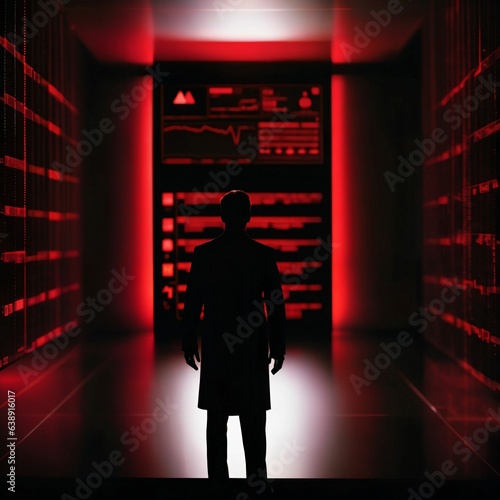 Red alert in data center server room. Cyber security. Data security breach. Hacker attack. System warning. Error. Cyber crime. Corrupted data. Hacking, spyware, virus, malware. Generative AI