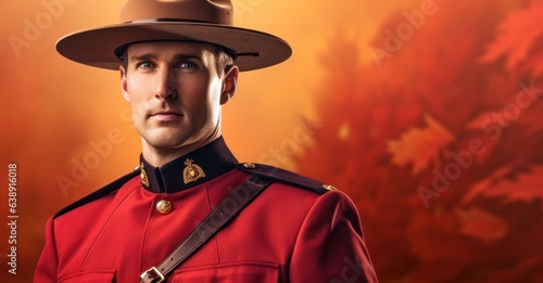 Canadian Mountie in Uniform on a Maple Red Background with Space for Copy. photo